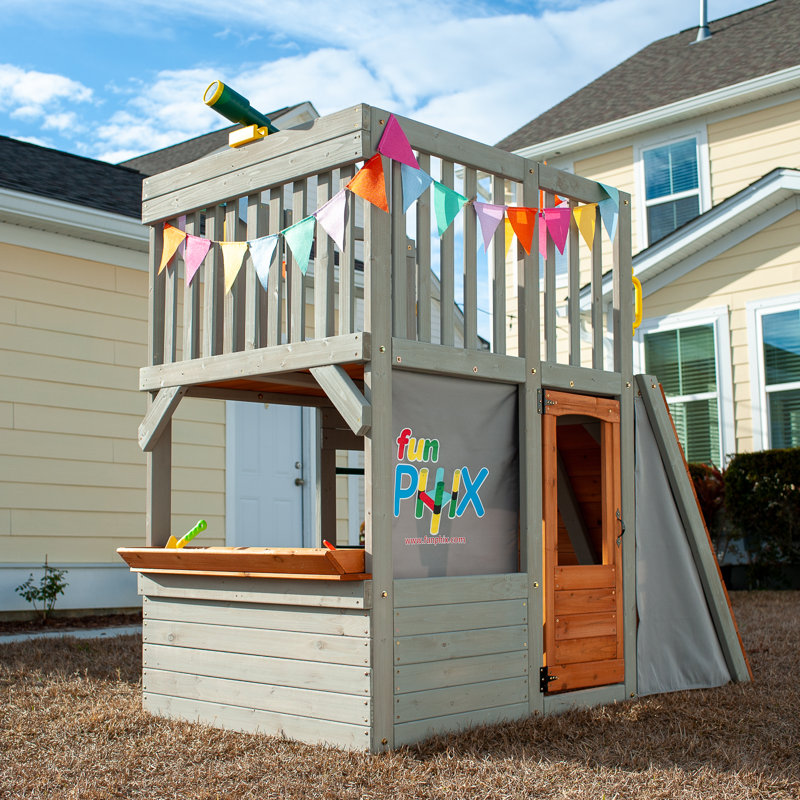 Funphix Outdoor Wooden Playhouse, Backyard Playset with Climbing Ramp